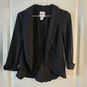 Candies Black Blazer with Ruched Sleeves and Waterfall Hem